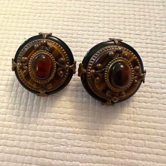 Vintage Unsigned Patrice Tiger Eye & Carnelian Earrings - Picture 1 of 3